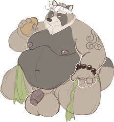 2018 anthro balls belly big_balls canine flaccid humanoid_hands justicecaptainv male male_only mammal moobs navel nipples overweight overweight_male penis simple_background solo tanuki tattoo white_background