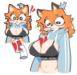 2026 anthro anthro_female before_and_after between_breasts beverage_between_breasts beverage_can big_breasts blush bra breasts brown_ear_tips canid canine cleavage clothed clothing countershade_torso countershading crop_hoodie digital_drawing_(artwork) digital_media_(artwork) dipstick_ears disembodied drawstring_hoodie drinking_straw ear_markings emoji_description exclamation_point female female_anthro fox fur furry furry_female furry_girl grey_bra grey_clothing grey_sports_bra grey_underwear hair hand huge_breasts inner_ear_fluff large_breasts mammal multicolored_ears navel offering_beverage orange_body orange_fur orange_hair orange_inner_ear_fluff round_eyes simple_background small_waist solo sports_bra ssslommm2 tan_body tan_countershading tuft twitter_link underwear white_background white_sclera wide_eyed