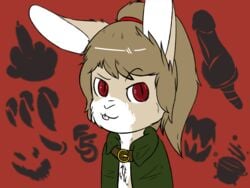 alcatron_ekiel animated brown_fur claws cloak clothing demon fivefive_levfurdam fur head_shot karmabutt lagomorph mammal no_breasts ponytail rabbit red_background red_eyes simple_background the_mansion_(ncc)