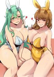 2girls alternate_costume animal_ear_hairband animal_ears aqua_eyes aqua_hair armpit_crease armpits asymmetrical_docking bare_arms bare_shoulders between_legs blue_leotard breast_press breasts brown_eyes brown_hair chloe_(fire_emblem) cleavage collarbone commentary covered_navel english_commentary fake_animal_ears fire_emblem fire_emblem_engage goldmary_(fire_emblem) grin hairband hand_between_own_legs hand_on_own_chest heart highleg highleg_leotard highres huge_breasts leotard long_hair looking_at_viewer mole mole_on_breast multiple_girls nail_polish nintendo orange_nails playboy_bunny rabbit_ear_hairband rabbit_ears sideboob sitting smile strapless strapless_leotard thick_thighs thighs vialnite yellow_hairband yellow_leotard
