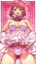 absurdres ass_visible_through_thighs blue_eyes blush bra breasts bridal_veil cameltoe cleavage commentary commission dress english_commentary female flashing flower flower_necklace hair_ornament heart heart_background highres lipstick looking_at_viewer makeup medium_breasts neck_flower official_alternate_costume panties pulling_own_clothes r123 red_flower red_hair red_lips red_rose rose rose_(tales) rose_(wedding)_(tales) short_hair smile solo sparkle_background steam tales_of_(series) tales_of_asteria tales_of_link tales_of_zestiria underwear veil wedding_dress white_bra white_dress white_panties