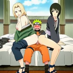 1boy 2girls adult_and_teenager age_difference ai_generated ass bedroom big_ass big_breasts breast_size_difference busty buttjob collaborative_sex cowgirl_position curvaceous double_buttjob erect_penis erection ffm_threesome group_sex huge_breasts indoors lipstick makeup mature_female medium_breasts milf multiple_girls naruto_(series) naruto_shippuden older_female_and_younger_female older_female_and_younger_male outercourse penis shizune sitting sitting_on_bed sitting_on_lap sitting_on_person straddling teacher_and_student teamwork threesome tsunade twintails uncensored uzumaki_naruto voluptuous