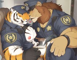 2018 absurd_res anthro biceps clothed clothing duo feline fully_clothed fur giraffe_(artist) hi_res lam-chan lion lion-san male male_only mammal muscular muscular_male nipples pecs police_uniform stripes tiger tuft uniform