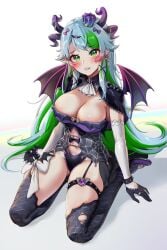 1girls ass ass_visible_through_thighs asymmetrical_legwear big_breasts blue_hair blush bow breasts capelet cleavage clenched_teeth crown detached_collar earrings elbow_gloves embarrassed facial_mark female foxyreine from_above froot full_body garter_straps gloves gradient_background green_eyes green_hair head_tilt heart highleg highleg_leotard highres hips horns huge_breasts indie_virtual_youtuber jewelry lace-trimmed_capelet lace-trimmed_panties lace_trim large_breasts legwear_garter leotard lips long_hair looking_at_viewer mini_crown multicolored_hair navel oerba_yun_fang open_mouth pale-skinned_female pale_skin panties pointy_ears purple_shoes revealing_clothes ring shoes sidelocks sitting skin_fang skindentation solo spider_web_print spiked_legwear_garter streaked_hair teeth thick_thighs thigh_squish thighhighs thighs torn_clothes underwear uneven_legwear very_long_hair virtual_youtuber vtuber wariza wide_hips winged_hair_ornament wings