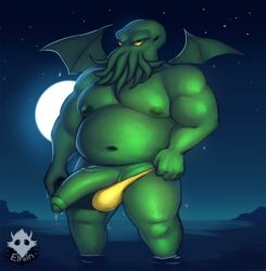 barazoku belly biceps cephalopod clothing cthulhu cthulhu_mythos eldritch_horror elfein h.p._lovecraft humanoid_penis looking_at_viewer male male_only marine musclegut navel night nipples pecs penis solo speedo swimsuit wings yellow_eyes