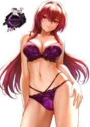 1girls cleavage collarbone fate/grand_order fate_(series) female female_only hands_on_hips leaning pink_hair purple_bra purple_panties red_eyes render rokkakuanzai scathach_(fate) standing