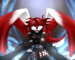 absurd_res black_nose blood canine claws clothed clothing fangs feathered_wings feathers female fingerless_gloves fox fur gloves hair half_vampire halloween heterochromia hi_res holidays konami koyu_ruh krazyelf leather_clothes mammal metal_gear psycho_mantis red_feathers red_fur red_hair solo video_games white_feathers white_fur wings