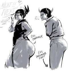 redblacktac evil_container ass fat_ass side_view ass_focus clothed big_ass large_ass huge_ass imminent_kick imminent_attack imminent_pain imminent_fight facemask mask on_phone phone distracted ... unknown_character tagme_(character) androgynous ambiguous_gender unknown_gender
