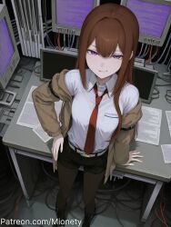 ai_generated arm_strap artist_name belt belt_buckle black_belt black_footwear black_pantyhose black_shorts boots breast_pocket breasts brown_hair brown_jacket buckle closed_mouth coat collared_shirt computer copyright_name dress_shirt english_text female from_above full_body hair_between_eyes hand_on_own_hip indoors jacket long_hair long_sleeves looking_at_viewer makise_kurisu medium_breasts mionety mole mole_under_eye mole_under_mouth necktie off_shoulder open_clothes open_jacket pantyhose pantyhose_under_shorts paper parted_lips purple_eyes red_necktie shirt shirt_tucked_in short_shorts shorts sidelocks sitting small_breasts smile solo standing steins;gate very_long_hair white_belt white_shirt