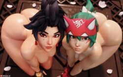 2girls 3d absurd_res all_fours anran asian_female ass big_ass black_hair blizzard_entertainment breasts brown_eyes bubble_butt completely_nude duo female female_only green_hair high_angle_view highres kiriko_(overwatch) light-skinned_female light_skin looking_at_viewer nemesis_3d nude on_all_fours on_knees overwatch overwatch_2 red_eyes shiny_skin take_your_pick watermark
