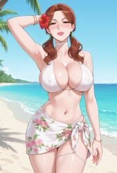 1girls ai_assisted ai_generated anime_style armpit_crease armpits auburn_hair bangle beach belly_button bikini choker cleavage earrings eyelashes female floral_print flower_in_hair hair_over_shoulder half-closed_eyes hibiscus large_breasts light_skinned_female lipstick midriff milf mommy nipple_outline ocean ocean_background one_arm_behind_head rgomez007 sarong seductive_look self_upload slender_body smiling_at_viewer solo_female stable_diffusion standing swimsuit thick_lips thighlet thong_straps twintails warm_lighting wide_hips