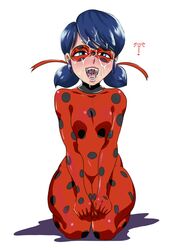 amondetauro blue_eyes blue_hair bodysuit cum cum_in_mouth cum_on_face cum_on_hair cute drooling facial female happy ladybug_(character) latex marinette_cheng marinette_dupain-cheng mask miraculous_ladybug pigtails pleasure_face superheroine teenager thighs throat white_background