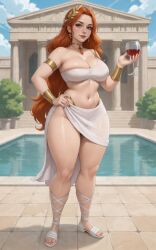 1girls ai_assisted ai_generated architecture armband asymmetrical_clothes belly_button bracers bursting_breasts cleavage female full_body ginger_hair greek_architecture greek_clothes grok hair_ornament hand_on_hip history holding_wine_glass large_breasts leaf_hair_ornament light_skinned_female long_hair loose_hair midriff necklace one_hand_on_hip outdoors poolside potted_plant red_wine rgomez007 self_upload side_slit skindentation solo_female stable_diffusion strappy_heels thick_thighs warm_lighting wavy_hair white_clothing wide_hips wine_glass