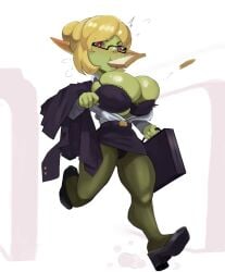 1girls big_breasts blonde_hair blush bra bread_in_mouth button_pop cleavage cleavage_overflow cranihum female female_only glasses goblin goblin_female heels miss_hardknocks oc office office_lady panties pantyhose red_eyes running shortstack size_difference solo suit tagme upskirt wardrobe_malfunction