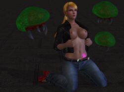 3d blonde_hair breasts exposed_breasts green_eyes heels high_heels jc-starstorm jeans leather_jacket metroid metroid_(creature) navel nintendo open_jacket red_heels samus_aran tattoo