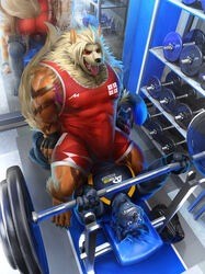 2018 2boys abs anthro anthrofied arcanine ass bag barazoku barbell bench_press biceps big_biceps big_pecs black_sclera blue_eyes blue_fur brown_fur bulge chest_fur clenched_teeth clothed clothing cowgirl_position detailed_background dumbbell duo ear_piercing exercise eyebrow_piercing facial_piercing feline fingerless_gloves fur furry gay gloves grey_fur grinding gym huge_penis imminent_sex inside interspecies laarx lying male male_only mammal mane mirror muscular muscular_male nintendo nipple_bulge nose_piercing on_back on_top open_mouth orange_fur original_character panther pecs penis_outline piercing pokemon pokemon_(species) pokemon_rgby red_eyes reflection striped_fur stripes takahirosi tan_fur tattoo teeth thick_penis tongue tongue_out video_games weightlifting weights workout yaoi