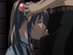 00s 1boy 1girls 2006 animated anime_screenshot bible_black bible_black_only breasts brown_hair censored closed_eyes fellatio female forced hair_ornament hand_on_another's_head imari_kurumi irrumatio large_breasts oral penis ponytail rape school_uniform side_ponytail straight struggling tagme