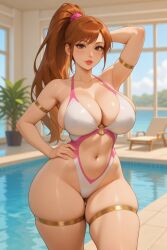 1girls ai_assisted ai_generated armband armpit_crease armpits bangs belly_button blurry_background brown_eyes chatgpt cleavage eyelashes female ginger_hair grok hair_between_eyes hair_tie hand_on_hip large_breasts light_skinned_female lounge_chair midriff midriff_cutout monokini nipple_outline one_arm_behind_head one_hand_on_hip outdoor_background pelvic_line ponytail poolside potted_plant rgomez007 self_upload sideboob sidelocks skindentation smiling_at_viewer solo_female stable_diffusion standing swimming_pool swimsuit thick_thighs thigh_strap thighband tight_clothing voluptuous warm_colors warm_lighting wide_hips