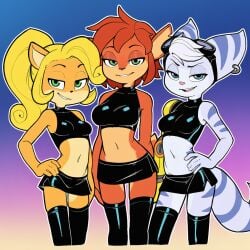 3girls activision ai_generated anthro bandicoot black_clothing bottomwear clothing coco_bandicoot crash_(series) crop_top elora eyewear eyewear_on_head faun female furry goggles goggles_on_head group half-closed_eyes legwear lombax mammal marsupial miniskirt narrowed_eyes prosthetic prosthetic_arm prosthetic_limb ratchet_and_clank rivet_(ratchet_and_clank) shirt skirt smug spyro_the_dragon standing sweater thigh_highs tight_clothing topwear trio turtleneck