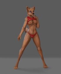 5_fingers anthro barefoot black_nose blue_eyes breasts brown_fur canine clothed clothing digitigrade female fur mammal nipples piranha_fish solo standing