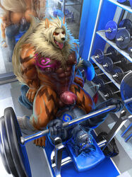 2boys abs anal anal_sex anthro anthrofied anus arcanine armpit_hair ass bag barazoku barbell biceps big_muscles big_pecs black_fur black_sclera blue_eyes brown_fur chest_fur chest_tattoo clothing cowgirl_position detailed_background discarded_clothing dumbbell duo ear_piercing erection exercise eyebrow_piercing facial_piercing feline fluffy fluffy_tail fur furry gay genital_piercing gloves grey_fur gym huge_penis inside interspecies jockstrap laarx lying male male_only mammal mane mirror muscular muscular_male nintendo nipples nose_piercing nude on_back on_top orange_fur original_character panther pecs penetration penis penis_piercing piercing pokemon pokemon_(species) pokemon_rgby prince_albert_piercing pubic_hair red_eyes sex striped_fur stripes takahirosi tan_fur tattoo testicles thick_penis triceps underwear veins veiny_penis video_games weightlifting weights workout yaoi