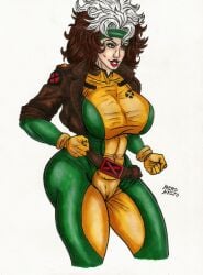1girls anna_marie ass belt belt_buckle big_ass big_breasts bodysuit bomber_jacket breasts brown_hair brown_jacket cameltoe clenched_hands covered_abs covered_navel female gloves green_eyes grin headband jacket lipstick long_hair marvel marvel_comics merc_kaiju red_lipstick rogue_(x-men) self_upload skin_tight solo solo_female thick thick_thighs tight_clothing traditional_media_(artwork) two-tone_hair white_hair wide_hips x-men yellow_gloves