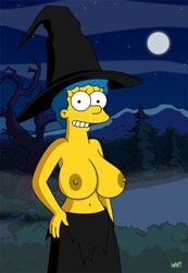 1girls animated animated_gif big_breasts big_nipples blue_hair breast_expansion breasts color cosplay female female_only flashing halloween human magic marge_simpson milf nipples open_mouth outdoors outside solo surprised the_simpsons topless wardrobe_malfunction witch_costume witch_hat wvs yellow_skin