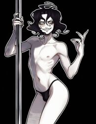 ai ai_assisted ai_generated black_background black_hair bulge dancing detailed_bulge edward_hyde fangs femboy humanoid hyde jekyll_and_hyde looking_at_viewer male narrowed_eyes nipples open_mouth pale_skin pole pole_dancing seductive sharp_teeth simple_background smile solo stripper_pole thong topless white_skin