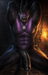 2018 abs anthro balls biceps big_penis black_balls black_penis black_skin black_tail bondage bound brick captive chains dragon dripping edit erection fire horn huge_cock humanoid_penis hungrypaws jewelry kneeling long_penis long_tail male male_only multicolored_skin muscular muscular_male navel necklace nude open_mouth orange_eyes partially_retracted_foreskin pecs penis pink_tongue precum purple_scales purple_skin raventhan reptile saliva scales scalie snout solo spread_legs spreading standing sweat teeth thick_tail thick_thighs tongue torch triceps uncut vein veiny_penis