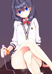 bangs black_skirt blue_eyes blush bow bowtie clothed_masturbation clothing controller eyebrows_visible_through_hair female gradient gradient_background hair_between_eyes head_tilt highres holding jacket legs_crossed looking_at_viewer masturbation no_panties nose_blush pleated_skirt pon_(shind_997) purple_background purple_hair pussy_juice red_neckwear remote_control remote_control_vibrator school_uniform scrunchie shiny shiny_hair shirt simple_background sitting skirt solo ssss.gridman steam takarada_rikka uniform upskirt vibrator vibrator_cord white_jacket white_shirt wrist_scrunchie