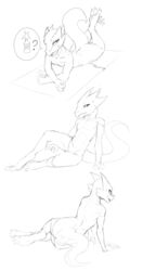 3_toes ? anthro anus bedroom_eyes black_and_white claws female front_view half-closed_eyes kobold long_tail looking_at_viewer looking_away looking_back lying monochrome nude on_front open_mouth presenting presenting_anus rear_view reclining reptile scalie seductive simple_background sketch sketch_page slit_pupils speech_bubble spikes toes towel w4g4 white_background