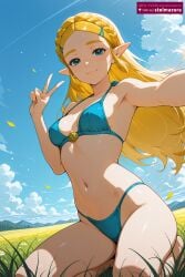 ai_assisted ai_generated armpits bangs bare_shoulders bikini blonde_hair blue_bikini blue_eyes blue_sky blush braid breasts closed_mouth cloud crown_braid day female female_only grass hair_ornament hairclip long_hair looking_at_viewer medium_breasts navel outdoors pointy_ears princess_zelda selfie sitting sky smile solo stelmazura stomach swimsuit the_legend_of_zelda thighs v zelda_(breath_of_the_wild) zelda_(tears_of_the_kingdom)