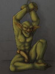 balls ear_piercings erection looking_at_viewer male male_only muscular nude penis scars sitting smiling solo styx_(of_orcs_and_men) wrists_bound