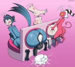 2_horns 3boys absurd_res anal anal_sex angel_dust anthro arachnid arthropod ass avian big_butt bird bird_demon bodily_fluids busty_boy cum cum_in_ass cum_inside demon digitigrade erection excessive_cum excessive_genital_fluids feathers femboy femboy_dilf genital_fluids genitals glory_hole group hazbin_hotel hellaverse helluva_boss hi_res holding_butt horn huge_butt imp looking_pleasured male male/male male_penetrated male_penetrating male_penetrating_male markmanez moan motion_lines moxxie_(helluva_boss) nude open_mouth owl owl_demon penetration penile penile_penetration penis penis_in_ass sex spade_tail spider spider_demon stolas_(helluva_boss) tail tail_feathers thick_penis tongue tongue_out trio yaoi