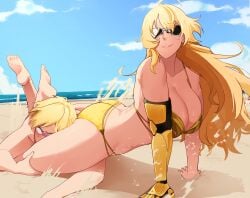 1boy 1boy1girl 1girl 1girls ahoge ass bare_shoulders bare_thighs barefoot beach big_breasts bikini blonde blonde-haired_female blonde-haired_male blonde_female blonde_hair blue_sky blush blushing breasts cleavage clothing cloud clouds couple day eyewear feet female femdom gold_bikini hentaly hetero jaune_arc large_breasts leg_lock leglock legs_around_head legs_around_partner light-skinned_female light-skinned_male light_skin long_hair male male/female malesub mechanical_arms multiple_girls ocean outdoors pinup pinup_pose prosthesis prosthetic prosthetic_arm robotic_arm robotic_limb rooster_teeth rwby sand shoreline short_hair siblings single_mechanical_arm sky smile smiling soles sunglasses swimsuit take_down thighs viz_media wrestling yang_xiao_long yellow_bikini