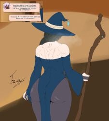 1girls alternate_version_available back back_muscles big_ass borkobalganov dialogue english_text female female_focus female_only from_behind hitama light_skin text thick_thighs wide_hips witch witch_(witch_tower) witch_hat