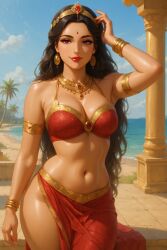 1girls adjusting_hair ai_assisted ai_generated architecture armlet armpit_crease armpits bangle beach belly_button bindi black_hair caramel-skinned_female chatgpt cleavage dancer dancer_outfit earrings female gold_jewelry half-closed_eyes hourglass_figure indian indian_clothes indian_female jewelry lipstick long_hair loose_hair medium_breasts midriff necklace ocean ocean_background one_arm_up palm_tree pillar purple_eyes red_clothing rgomez007 self_upload shiny_skin smiling solo_female stable_diffusion standing thick_lips tiara traditional_clothes warm_colors warm_lighting wide_hips