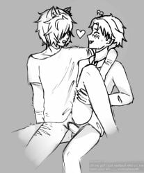 2boys blush_lines boypussy cat_ears facing_another heart holding_leg jackson_(the_butchery) jackson_hillwalker not_colored penis scars_on_thighs shirt trans_man yumeship