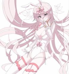 1girl alternate_costume animal_ears arcaea breasts cleavage commentary covered_navel detached_collar detached_sleeves flower frilled_sleeves frills garter_belt gloves high_heels highres hikari_(arcaea) hikari_(fatalis)_(arcaea) large_breasts leotard long_hair looking_at_viewer pink_flower rabbit_ears red_eyes simple_background solo thighhighs very_long_hair white_background white_gloves white_thighhighs wide_sleeves