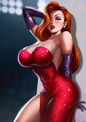 1girls big_breasts breasts cleavage dandon_fuga disney dress elbow_gloves female female_only jessica_rabbit large_breasts lips lipstick looking_at_viewer red_dress red_hair red_lipstick sequin_dress solo who_framed_roger_rabbit