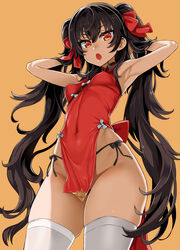 1girls absurdres armpits arms_up asanagi bangs black_bow black_hair black_panties black_thong blush bow bow_panties breasts china_dress chinese_clothes contrapposto covered_navel cowboy_shot double_bun dress erect_nipples eyebrows_visible_through_hair eyelashes fanbox_reward female female_only fringe girls'_frontline groin hair_between_eyes hair_ribbon highleg highleg_panties highres legs_apart long_hair looking_at_viewer medium_breasts navel navel_line nipple_bulge open_mouth orange_background paid_reward panties pelvic_curtain red_dress red_eyes red_ribbon ribbon short_dress side-tie_panties side_slit simple_background skindentation sleeveless sleeveless_dress small_breasts smile solo standing string_panties thighhighs thighs thong thong_panties traditional_clothes turtleneck twintails type_97_(girls'_frontline) underwear very_long_hair white_legwear wide_hips