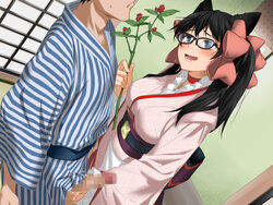 1boy 1girls animal_ears black-framed_eyewear black_hair blue_eyes blush breasts censored choker clownculture cosplay erection female fox_ears from_above glasses hair_ribbon handjob highres holding human human_on_humanoid human_penetrating humanoid humanoid_penetrated indoors japanese_clothes kimono large_breasts long_hair looking_at_another mosaic_censoring obi open_mouth original otome_youkai_zakuro penis plant ribbon sash solo_focus standing twintails zakuro zakuro_(otome_youkai_zakuro)