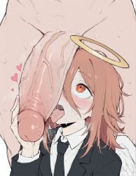 ai_generated angel_devil_(chainsaw_man) chainsaw_man cock_worship femboy heavy_breathing meupfem muscular_male naughty_face otoko_no_ko penis penis_awe sissy size_difference tagme very_sweaty yaoi