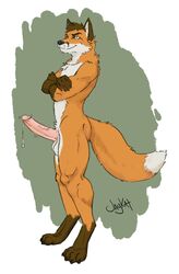 2018 anthro balls canine crossed_arms digitigrade erection fox humanoid_penis jaykat male male_only mammal penis precum simple_background solo standing