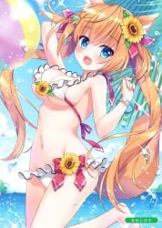 1girl ameto_yuki animal_ear_fluff animal_ears beach beachball bikini bikini_bottom bikini_top blonde_hair blue_sky blush breasts flower flower_hair_ornament fox_ears fox_girl fox_tail frilled_bikini frills hair_ornament hair_ribbon highres large_breasts looking_at_viewer original palm_leaf palm_tree sea small_but_busty tail tied_hair twintails