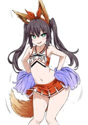 +_+ animal_ears armpits asanagi bangs bare_arms bare_shoulders black_hair blush brown_hair cheerleader contrapposto crop_top dancing elin_(tera) eyebrows_visible_through_hair feet_out_of_frame female green_eyes hands_on_hips highres knees_together_feet_apart long_hair looking_at_viewer motion_lines navel parted_lips pleated_skirt pom_poms red_skirt shirt simple_background skirt sleeveless sleeveless_shirt smirk standing sweat tail tera_online twintails white_background