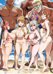 3boys 4girls abs anila_(granblue_fantasy) annoyed arched_back areola_slip areolae arms_behind_back asanagi ass ass_cleavage asymmetrical_bangs bangs bare_legs barefoot beach beatrix_(granblue_fantasy) big_breasts bikini blue_bikini_top blunt_bangs blush blushing breast_suppress breasts brown_eyes brown_hair bursting_breasts butt_crack character_name chibi commentary_request contrapposto curled_horns curly_hair cute dark-skinned_male deltoids demon_horns dragon dragon_horns draph earrings eyebrows_visible_through_hair faceless_male feet front-tie_bikini front-tie_top gigantic_breasts glasses granblue_fantasy green_eyes grey_hair hair_between_eyes halterneck head head_out_of_frame head_pat height height_difference highres horn_grab horns huge_breasts humanoid jewelry larger_male light_brown_hair long_hair male measurements medium_breasts multiple_boys multiple_girls multiple_males muscles muscular_male navel necklace o-ring o-ring_bikini o-ring_top open_mouth open_toe_shoes outdoors pigeon-toed pink_hair pointy_ears ponytail print_bikini red_bikini red_eyes sheep_horns short_hair shortstack shy side-tie_bikini side-tie_panties sideboob sidelocks silver_hair size_difference skindentation smaller_female smile smug soft_breasts soles standing strap_gap string_bikini sturm_(granblue_fantasy) sunglasses swimsuit thin_waist threo_(granblue_fantasy) tiptoes toes very_long_hair white_bikini white_bikini_bottom white_hair