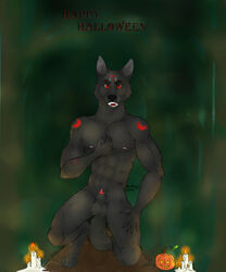 abs anthro balls belt big_balls blue_paws_(artist) bulge candle canine claws clothed clothing food forest fruit halloween happy_halloween holidays jeans male male_only mammal muscular muscular_male night pants penis precum pumpkin red_eyes sheat smile solo tattoo tip torn_clothing tree were werewolf wolf