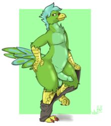 anthro ass avian balls beak bird blue_feathers blue_hair clothing erection feathers green_feathers hair invalid_tag looking_at_viewer male male_only nude pants parrot patrigue penis solo talons undressing wide_hips wingedwilly yellow_eyes