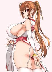 1girls asanagi ass bangs bare_shoulders blush breasts brown_hair choker commentary_request curvy dead_or_alive detached_sleeves eyebrows_visible_through_hair from_behind hair_ribbon highres hips huge_ass huge_breasts japanese_clothes kasumi_(doa) long_hair looking_at_viewer looking_back ninja open_mouth panties pelvic_curtain pink_background ponytail red_eyes ribbon side-tie_panties sideboob simple_background skindentation solo standing thick_thighs thighhighs thighs underwear untied untied_panties very_long_hair white_legwear wide_hips